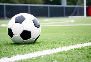 Fototapeta premium Soccer ball resting on a green grass field.
