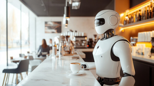 Robot barista serving coffee in a modern cafe, representing advanced technology, automation, and the future of service industry