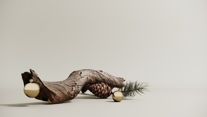 Christmas Tree branch - podium for cosmetic products. Aesthetic showcase, minimalism, 3D rendering.
