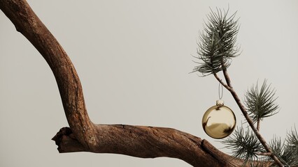 Christmas Tree branch - podium for cosmetic products. Aesthetic showcase, minimalism, 3D rendering.