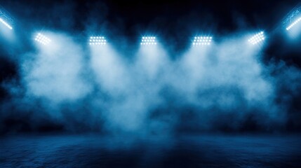 Mysterious blue stage lights illuminate a smoky background, creating an atmospheric scene for events and performances.