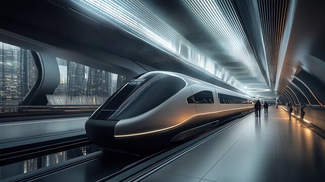 A sleek hyperloop station in a futuristic city, with passengers boarding high-speed pods, showcasing the cutting-edge design and advanced technology behind this revolutionary transport system