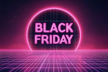 Obraz premium Neon Black Friday sale announcement featuring vibrant graphics and a retro digital background