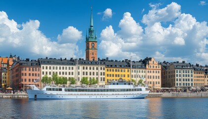 Fototapeta premium Stockholms Enchanting Waterfront Colorful Buildings, Historic Tower, and Tour Boat on a Sunny Day