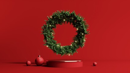 3d render of Festive background with Christmas wreath and garland.
