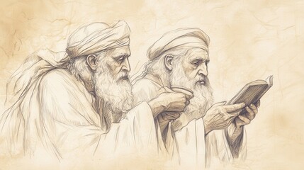 Fototapeta premium Biblical Illustration of Numbers: Elders Reciting the Story of the Exodus During Passover, Captured on a Beige Background, Emphasizing Tradition and Storytelling in Religious Observance