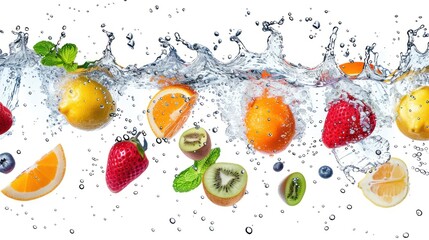 various fruits falling from a height, splashing into water, with fresh detail, isolated on a white background