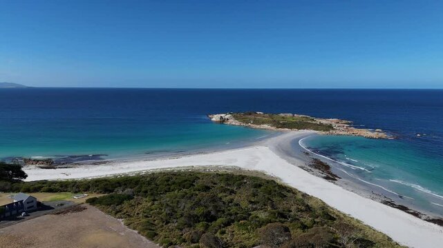 Aerial panoramic view of Diamond Island Bicheno and the azure waters in Tasmania, Australia.