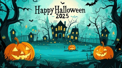 Fototapeta premium Flat Vector Illustration of Halloween Background with Haunted House, Pumpkin and Scary Tree. Graveyard Scene for Halloween Lantern Festival Vector Graphic Design. Scary Halloween Night Banner Template