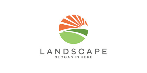agriculture logo design, sunrise, farm, garden, logo template, symbol, icon, vector, inspirational ideas.