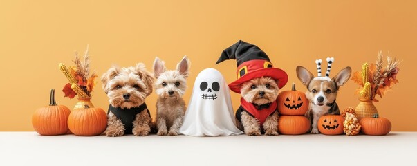 Obraz premium Group of pets dressed in Halloween attire, including a dog in a Frankenstein costume and a cat in a skeleton outfit, with seasonal fall decorations like glowing jack-o'-lanterns
