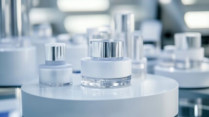 Aesthetic view of elegant cream jars with metallic lids on a minimalist display, showcasing beauty and skincare products.