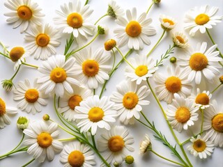 Fototapeta premium Flores de manzanilla acurrucadas en un paño blanco, crean un contraste entre la delicadeza de la margarita y la textura suave del lienzo.