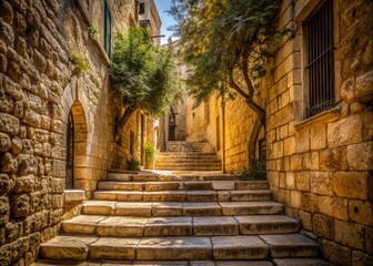 Fototapeta premium Ancient stone steps winding through narrow Jerusalem streets, worn by centuries of pilgrims carrying crosses, shadows of olive trees on worn cobblestones