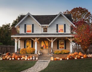 Pretty american house with pumpkins in the yard at autmun around Halloween time