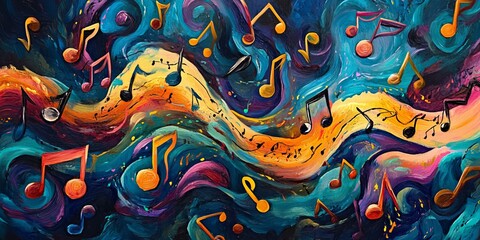 Abstract colorful painting with musical notes.