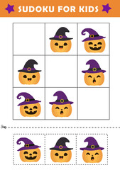 Sudoku logical reasoning activity for kids. Fun sudoku puzzle with cute halloween pumpkin illustration. Children educational activity worksheet.	
