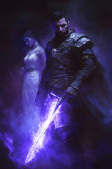 Fototapeta premium A strong looking mage in his thirties with a short beard, wielding a short sword glowing with dark purple energy