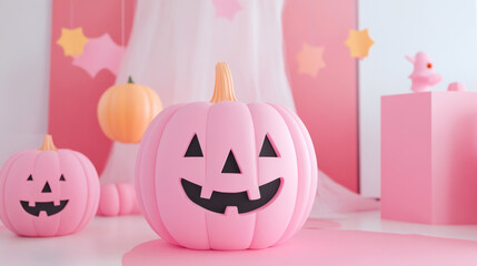 A pink Halloween pumpkin in a pink decorated room