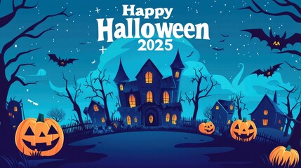 Fototapeta premium Flat Vector Illustration of Halloween Background with Haunted House, Pumpkin and Scary Tree. Graveyard Scene for Halloween Lantern Festival Vector Graphic Design. Scary Halloween Night Banner Template