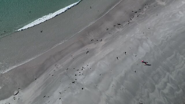 Aerial view of the white sand beach of Bicheno Island in Tasmania, Australia.