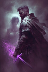 A strong looking mage in his thirties with a short beard, wielding a short sword glowing with dark purple energy