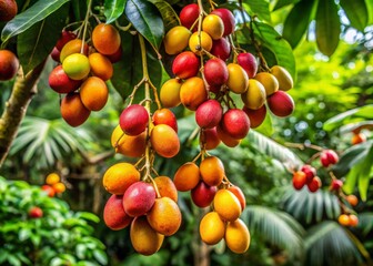 Lush rainforest foliage surrounds a vibrant abiu tree, its oval fruits ripening to a rich blend of golden yellow, apricot orange, and crimson red hues.