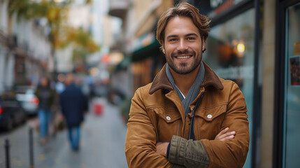 Naklejka premium Smiling man in casual jacket standing confidently on a city street