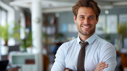 Obraz premium Confident businessman smiling in modern office. Business banner with copy space