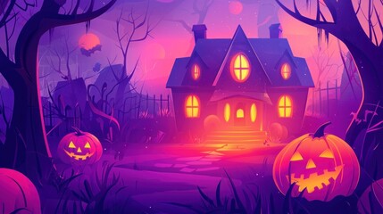 Flat Vector Illustration of Halloween Background with Haunted House, Pumpkin and Scary Tree. Graveyard Scene for Halloween Lantern Festival Vector Graphic Design. Scary Halloween Night Banner Template