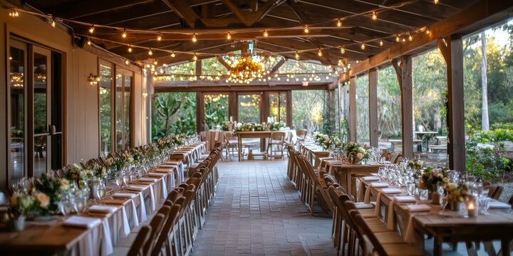 Rustic wedding reception with string lights and floral centerpieces.