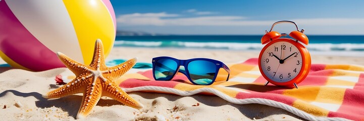 Summer, winter travel tour vacation concept background. Beach accessories