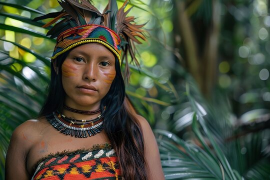 Yanomami woman wearing traditional headdress in the forest