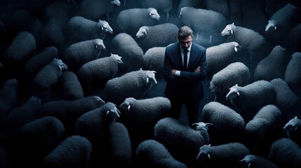 Obraz premium A man in a suit stands alone amid a flock of sheep, symbolizing individuality versus conformity in a surreal setting.