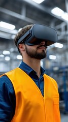 A man in a safety vest experiences virtual reality in an industrial setting, showcasing technology and innovation in the workplace.