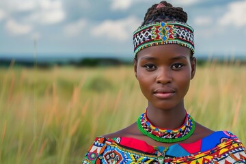 Zulu woman in traditional attire standing in a field