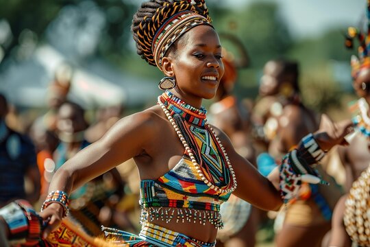Joyful Zulu woman dancing in traditional attire