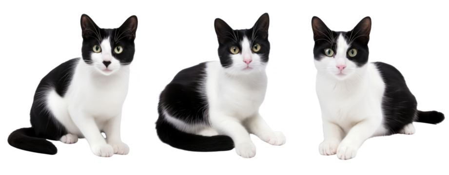 set of black white cat funny sitting on transparent background