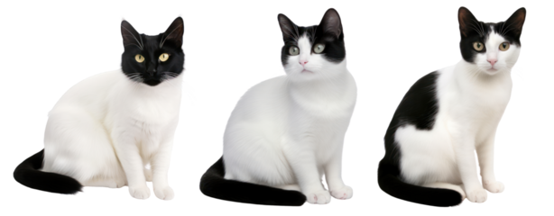 set black white cute cat funny sitting on transparent background