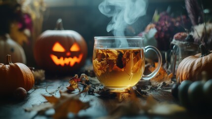 Shot of a steaming mug of herbal tea