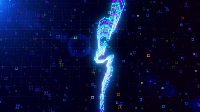 Motion view of Israel map outlined with neon lines, dynamically glowing on a futuristic grid background with colorful, abstract HUD squares creating a digital 3D effect.