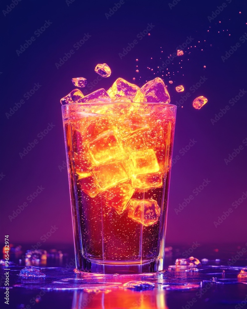 Wall mural A tall glass filled with a dark drink and ice cubes against a vibrant purple background. The ice cubes are glowing with a warm, orange light.