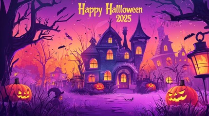Flat Vector Illustration of Halloween Background with Haunted House, Pumpkin and Scary Tree. Graveyard Scene for Halloween Lantern Festival Vector Graphic Design. Scary Halloween Night Banner Template