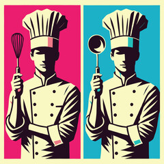 Male chef holding kitchen equipment and wearing a chef's hat and uniform. Vector illustration