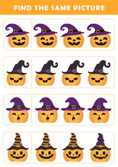 Find same picture worksheet for kids. Worksheet for kids kindergarten, preschool and school age. Education game for children with cute halloween pumpkin illustration.