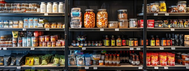 Fototapeta premium Grocery store shelf with various food products in glass jars and packages