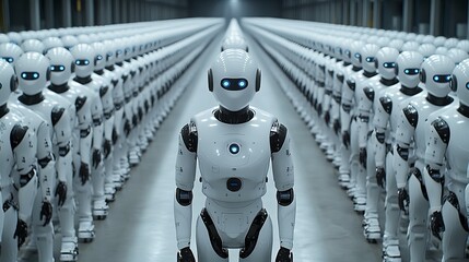 Rows of humanoid robots lined up in a futuristic warehouse setting