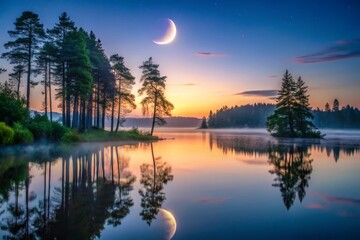 A serene evening landscape with a peaceful lake surrounded by towering trees, a crescent moon rising above the misty horizon.