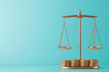Scale of justice, gold coins balanced, wealth and fairness, 3D illustration