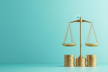 Scale of justice, gold coins balanced, wealth and fairness, 3D illustration